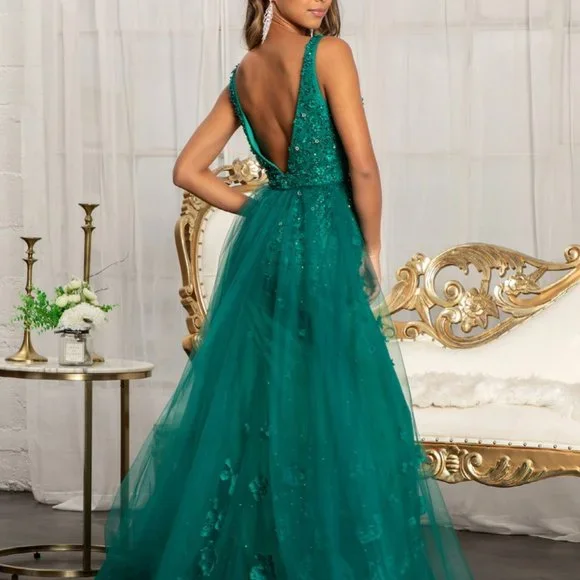 Rhinestone Embellished Mesh Mermaid Dress w/ 3-D Flower and Detached Layer G3011